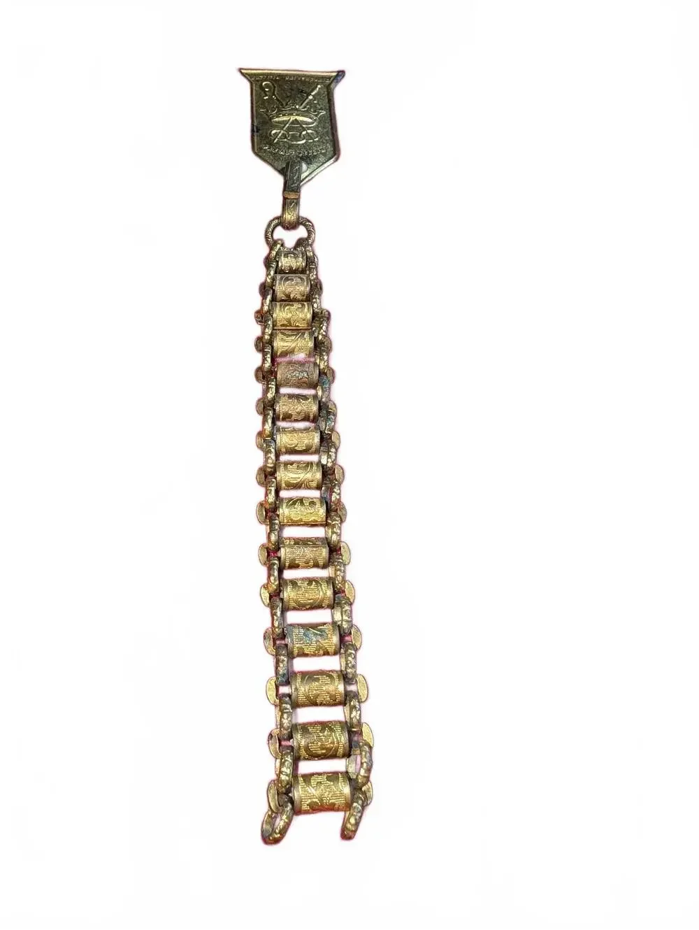 Vintage Brass Chain Bracelet with Crest Pendant